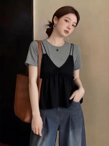 AIYITI | Large Size Summer Layered Stylish Two-piece Outfit Black Strap and Grey T-shirt