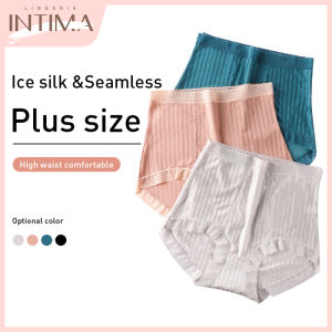INTIMA 3PCS Plus Size Panties for Women Ice Silk Underwear High Waist Briefs Tummy Control Antibacterial Cotton Crotch Underpants Breathable Seamless Female Intimates Panty