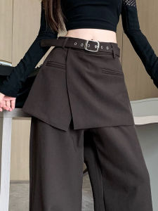 American Brown Suit Loose Pants Womens Autumn New Design Sense Fake Two-Piece High-Waisted Trousers Drape Draggle-Tail Straight Trousers