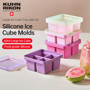 KUHN RIKON Silicone Ice Cube Tray with Lid Big Square Ice Maker for Freezer Large Ice Cube Molds for Whisky Cocktail Frozen Treats