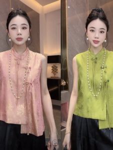 New Chinese Style Silk Embroidery Design Sleeveless Stand Collar Shirt Womens Fashion Green Top Trendy Tank Top by Tagkita