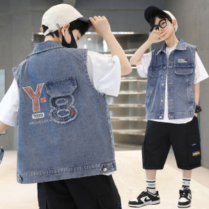 Slim Fit Boys Denim Vest Spring Autumn Casual Fashionable Outerwear Thin Boys Jacket Street Style Shirt Cotton Polyester Blend