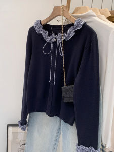 Áo Len Cardigan Dệt Kim Dài Tay Kẻ Caro Viền Ren Cho Nữ Mùa Thu 2025 Phong Cách Mới Dễ Thương Áo Khoác Ngoài Cổ Tròn Mềm Mại