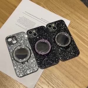 Luxury Artificial Rhinestone Glitter Soft Phone Case For Xiaomi Redmi Note 14 15 4G 5G Pro + with Shiny Mirror Magnetic Holder