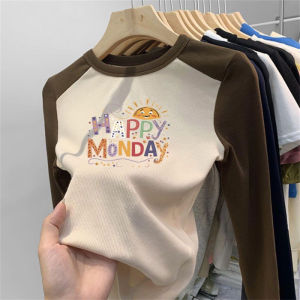 Rainbow Letter Print Long Sleeve T-Shirt for Girls Fashionable Cute Base Layer Thermal Velvet Ins Trendy Brand Childrens Clothing