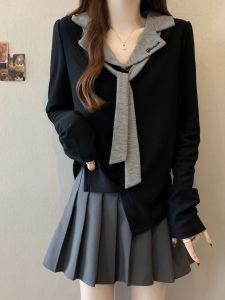 Áo Thun Dài Tay Thường Ngày Cỡ Lớn Thời Trang Thu Đông Thiết Kế Màu Tương Phản Che Giấu Mỡ Giảm Béo Cho Nữ