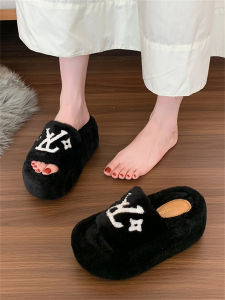 Furry Slippers Womens Fashionable Fleece Lined Thick Bottom Platform Slip-On Shoes Comfortable All-Match High Heel Rubber Outsole