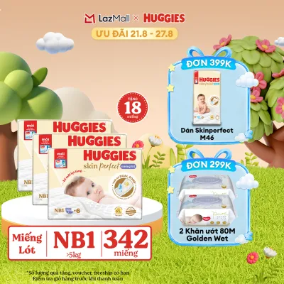 [17-24.08] Combo 3 Miếng lót sơ sinh Huggies Skin Perfect NB1 108 miếng với 2 vùng thấm giảm kích ứng da