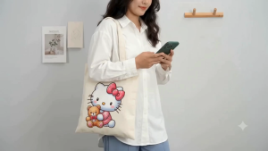 Hello Kitty Cute Cartoon Canvas Tote Bag Aesthetic Shoulder Bag Eco Friendly Reusable Shopping Bag Large Capacity Casual Everyday Tote for Women and Men Kawaii Korean Style School Office Travel Beach Bag Durable Lightweight Gift Idea