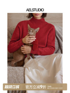 เสื้อสเวตเตอร์ถักคอปกสูงแบบถักด้วยน้ำหนึ่งชิ้นสำหรับผู้หญิง 100% เส้นด้ายขนสัตว์ สีแดง สวมใส่สบาย ฤดูใบไม้ร่วง/ฤดูหนาว เสื้อชั้นใน