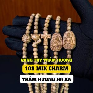 Vòng tay trầm hương chuỗi 108 hạt mix charm tốc đeo tay nam nữ Trầm Hương Hà Xá