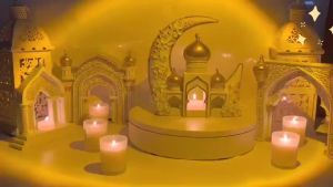 Islamic Eid Mubarak Moon Mosque Tealight Holder Ramadan Festival Home Decor Resin Ornament Muslim Celebration Festivities Gift