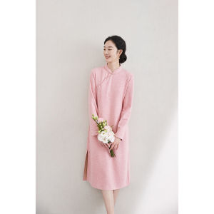 Elegant New Chinese Style Long Sleeve Pink Dress Womens Qipao Dress Daily Wear Beautiful Artistic Low Slit Polyester Viscose Spandex Silk Wool Blend