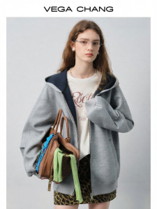 VEGA CHANG | Áo Hoodie Dày Phối Màu Có Mũ Trùm Đầu Form Rộng Kéo khóa