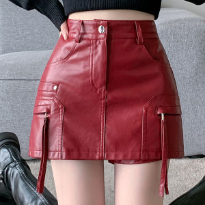 YIMEI หนัง PU แบบใหม่ฤดูใบไม้ร่วงและฤดูหนาวชุดทำงานที่กระโปรงสั้นคุณภาพสูงซักด้วยอุณหภูมิสูงเอวสูงกระโปรงกางเกงแดงกระโปรงสั้นสะโพก
