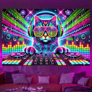 VIKAMA Cyberpunk Cat Dj Tapestry Gaming Room Music Corner Wall Decoration Bedroom Living Room Wall Decoration Tapestry