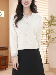 QINGNAER | Elegant Lace Trim V-Neck Long Sleeve Slim Fit Knit Cardigan