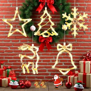 Magical Christmas Window Curtain LightsChristmas Decorations with Snowflakes Santa Star Christmas Tree Reindeer Bells