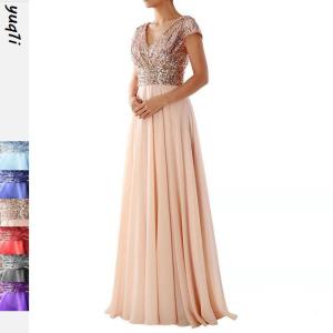 Spring Summer New Style V-Neck Chiffon Splicing Evening Gown Womens Dress High Waist A-Line Skirt Short Sleeve Business Wear