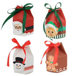 24PCS Christmas Candy Boxes4 Styles Christmas Treat Gift Boxes Xmas Paper Boxes with Ribbon Candy Shape Small Sweet Boxes