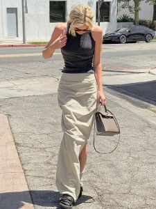 กระโปรงทำงานเอวสูงไม่สมมาตร กระโปรงทรงเอยาวปานกลาง ผ้าโพลีเอสเตอร์ สไตล์สตรีท เดรสทำงานฤดูร้อน 2024