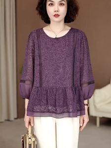 Slimming Lace Tummy Cover Shirt Loose Purple Long Sleeve