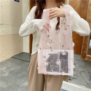 New Womens Bags Mesh Three-Dimensional Small Flower Embroidered Handbag Cute Sweet Transparent Shopping Bag Student Hand Bag