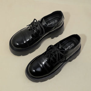 Small Leather Shoes Women 2023 New British Style Thick Sole Increased Preppy Single-Layer Shoes Black Genuine Leather All-Match Lace-up Leather Shoes
