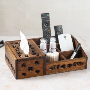 กล่องทิชชู่มัลติฟังก์ชั่น กล่องทิชชู่ไม้แข็งแรงและทนทาน กล่องทิชชู่พร้อมช่องเก็บของ เก็บรีโมท ฉลุต้นสักลายสวย