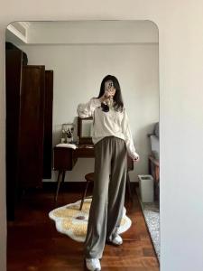 กางเกงขายาวทรงตรงเอวสูง ทรงหลวม สไตล์ทำงาน กางเกงขายาวทรงตรงลำลอง เอวสูง ทรงสลิมฟิต ผ้าโพลีเอสเตอร์ ฤดูใบไม้ผลิ 2025