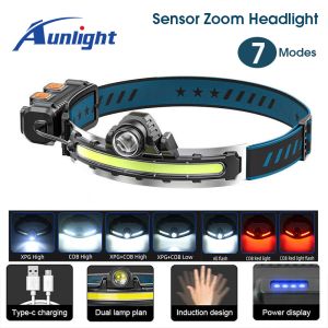 【Ready Stock Malaysia】Aunlight Powerful LED Headlamp Rechargeable Headlamps Waterproof Zoom Sensor Headlight 7 Modes Flashlight Lampu Kepala for Outdoor Camping Hiking Fishing