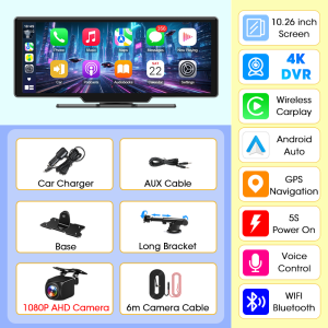 Jansite New 10.26 4K Dashcam Wireless CarPlay & Android Auto Rearview Camera Dual Lens DVR WiFi GPS Navigation Video Recorder