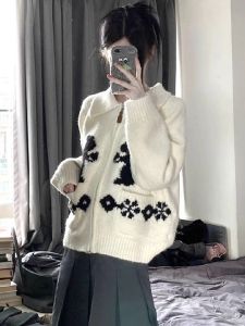 Rabbit Embroidery Zipper Knitted Sweater Coat Womens Autumn Winter Japanese Style Vintage Lazy Color Block Soft Cozy Open Cardigan