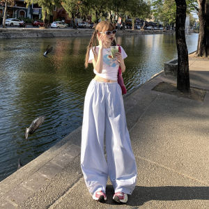 Light Blue Low Waist Striped Wide Leg Casual Pants Womens Summer Thin Loose Lazy Style Quick Dry Sports Trousers