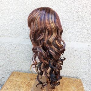 Wig Cosplay pirang curly coklat kehitaman panjang  segi Ikal bawah gelombang poni merk ANNA korea