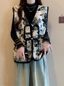 New Chinese Style Knitted Set Womens Spring Autumn plus Size Fashionable Base Layer Shirt And Vest Two Piece Set