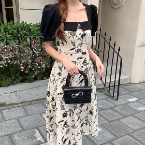 white floral long cocktail elegant dress puff sleeve vintage korean black dresses for women formal