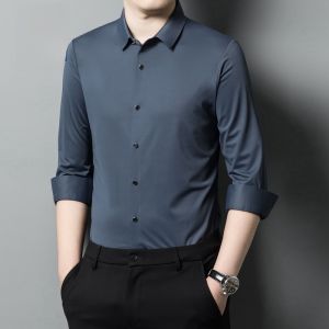 ROMON | Lormen Mens Long Sleeve Casual Shirt Pure Color Business Slim Fit Iron Free Workwear Jacket Fashionable Autumn Spring New Style