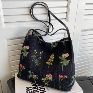 Large Capacity Vintage Embroidery Flowers Tote Bag Women Canvas Shoulder Bags Cotton Linen Cloth Fabric Handbag