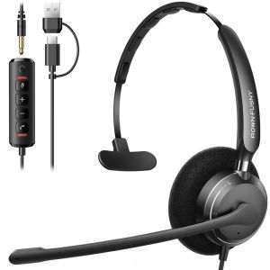 RownFusny USB Headset for PC Computer Headset Noise Canceling Mic for Laptop Call Center Wired Headset for Work Zoom Skype Teams