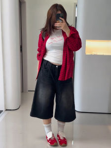 plus Size Black Denim Wide Leg Pants Women Early Autumn New Style Pear Shape Body Slimming Shorts Commute Style High Waist
