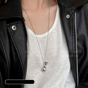 Long Titanium Steel Necklace Womens Fashion Jewelry Geometric Pattern Pendant Knitted Sweater Chain Autumn Winter Accessory