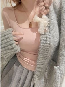 LUOFEN | Pink Square Collar Base Shirt Womens Autumn Winter Long Sleeve Short T-Shirt Pure Desire Tea Ceremony Tight Fit Top