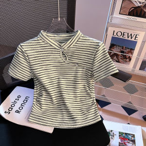 Summer New Style Womens Slim Fit Short Sleeve T-Shirt Striped Short Length Chinese National Style High End Feeling Top