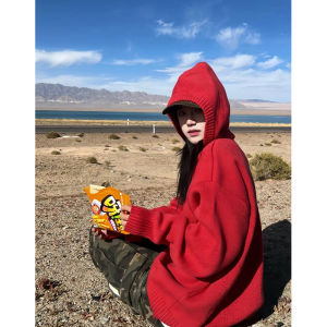 เสื้อสเวตเตอร์มีฮู้ดสีแดงสไตล์อเมริกันย้อนยุคสำหรับผู้ชาย เสื้อคลุมกันหนาวแบบสวมหัว ทรงหลวม ผ้าฝ้ายโพลีเอสเตอร์ ฤดูใบไม้ร่วง