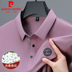 Pierre Cardin Mens Silk Polo Shirt Summer Casual Short Sleeve Ice Silk Collar T-Shirt Breathable Pure Color Standard Fit