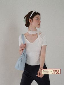 Áo Thun cổ V Màu Đơn Giản kèm Khăn Hè Phong Cách Thông Thường
