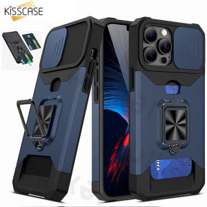 KISSCASE Slide Camera Cover Kickstand Card Wallet Case for iPhone 15 Pro Max 14 Plus 13 12 Pro 11 Shockproof Grade Protective Phone Case
