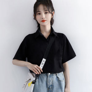 Black Chiffon Anti-Wrinkle Short Sleeve Polo Collar Womens Shirt Simple Summer Style Versatile Student Fashion Polyester Fiber