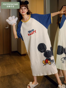 Fenteng Care Pure Cotton Short Sleeve Sleep Dress Womens Summer Cartoon Print Home Clothes Medium Length Lightweight Sleepwear